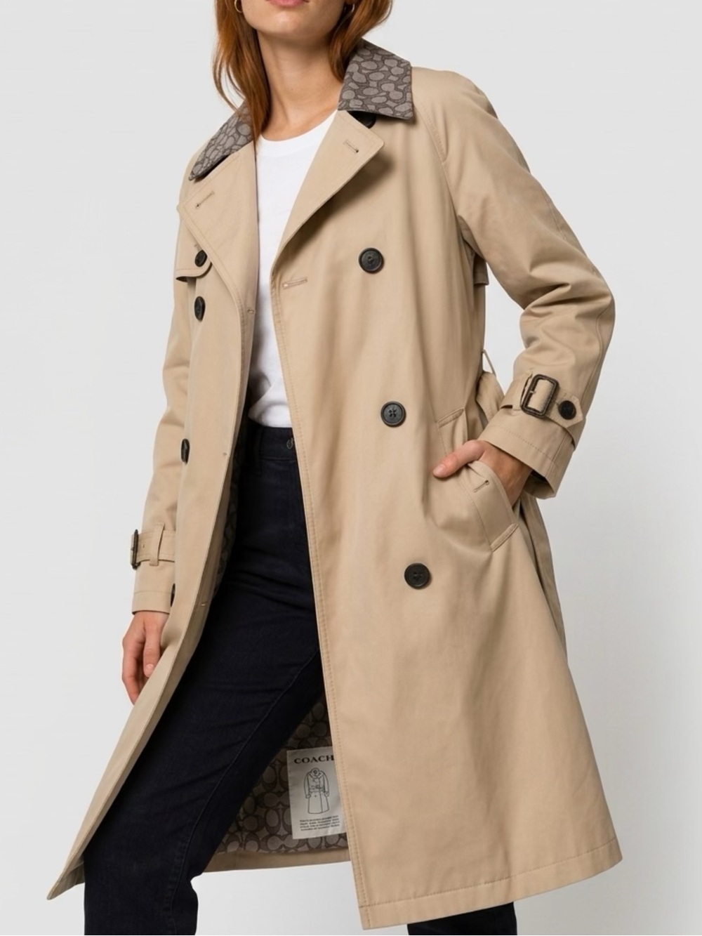 Coach Beige Trench Coat with Signature Contrast Collar
